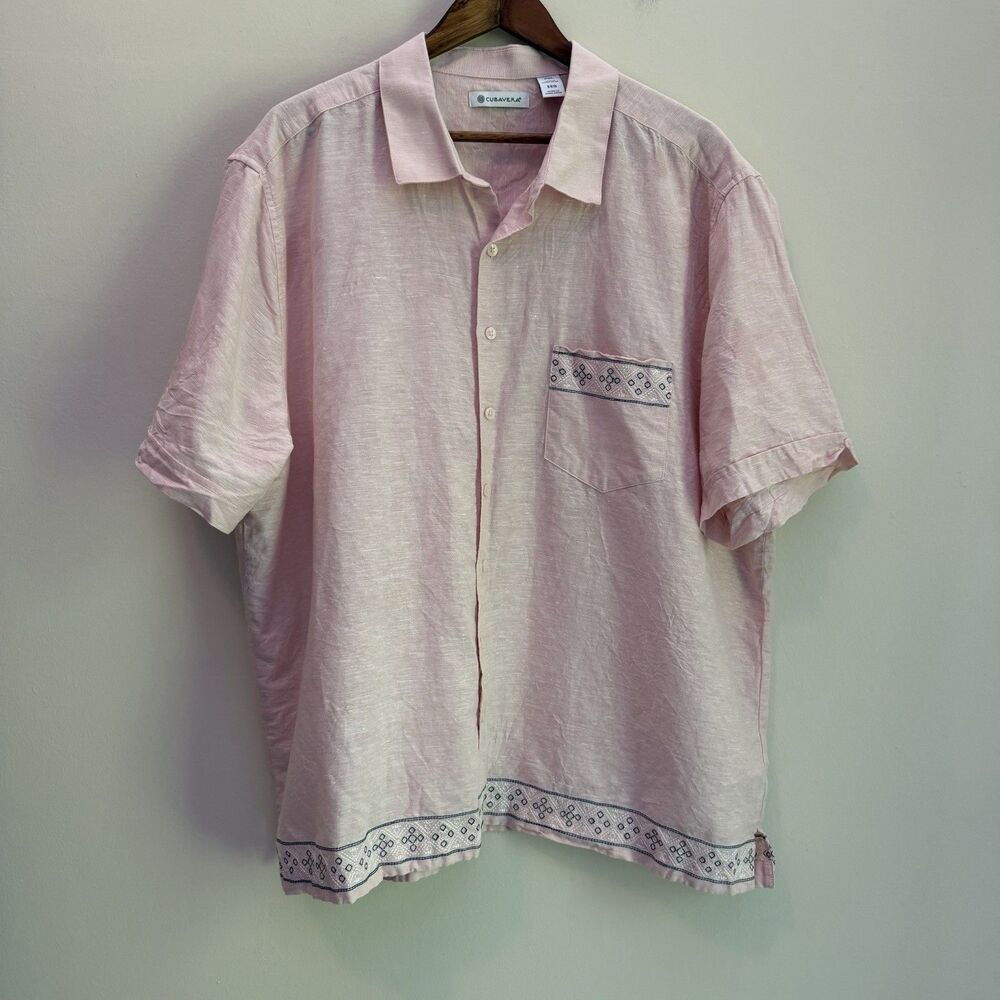 Cubavera Pink Linen Blend Embroidered Camp Shirt Men’s XXL Tropical